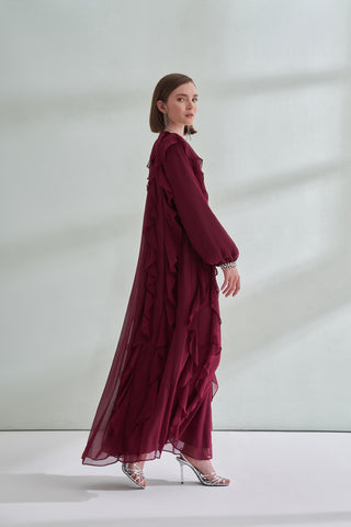 Kol ve Yaka Taş Detaylı Önü Boydan Fırfırlı Elbise - bordo