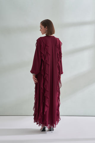 Kol ve Yaka Taş Detaylı Önü Boydan Fırfırlı Elbise - bordo