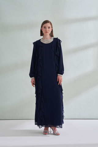 Kol ve Yaka Taş Detaylı Önü Boydan Fırfırlı Elbise - lacivert