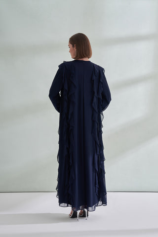 Kol ve Yaka Taş Detaylı Önü Boydan Fırfırlı Elbise - lacivert