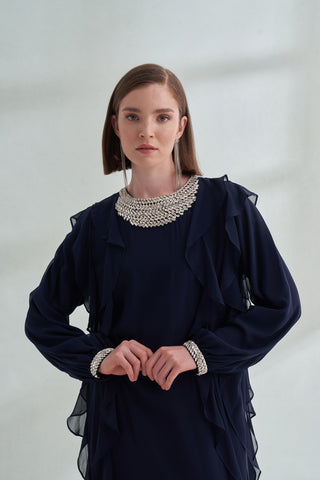 Kol ve Yaka Taş Detaylı Önü Boydan Fırfırlı Elbise - lacivert