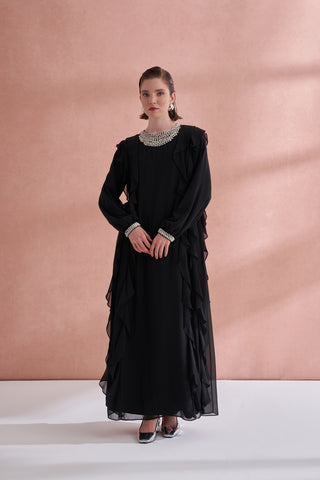 Kol ve Yaka Taş Detaylı Önü Boydan Fırfırlı Elbise - siyah