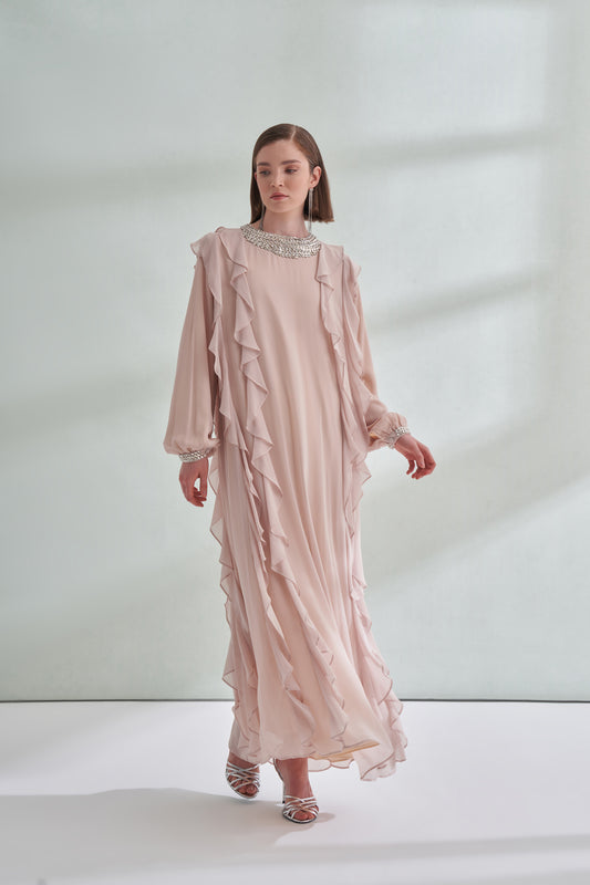 Kol ve Yaka Taş Detaylı Önü Boydan Fırfırlı Elbise - açık bej