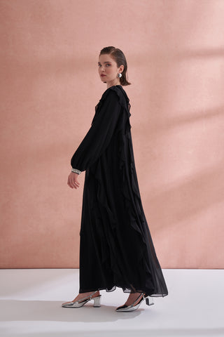 Kol ve Yaka Taş Detaylı Önü Boydan Fırfırlı Elbise - siyah