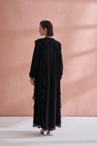 Kol ve Yaka Taş Detaylı Önü Boydan Fırfırlı Elbise - siyah