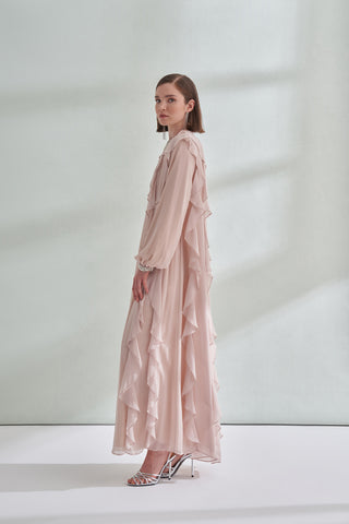 Kol ve Yaka Taş Detaylı Önü Boydan Fırfırlı Elbise - açık bej