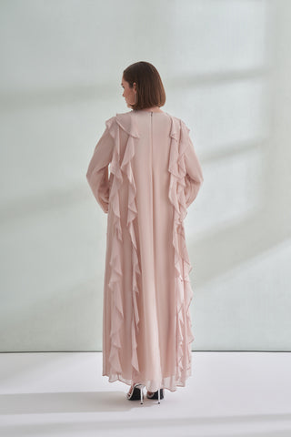 Kol ve Yaka Taş Detaylı Önü Boydan Fırfırlı Elbise - açık bej