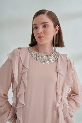 Kol ve Yaka Taş Detaylı Önü Boydan Fırfırlı Elbise - açık bej