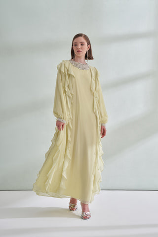 Kol ve Yaka Taş Detaylı Önü Boydan Fırfırlı Elbise - mimoza