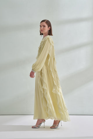 Kol ve Yaka Taş Detaylı Önü Boydan Fırfırlı Elbise - mimoza