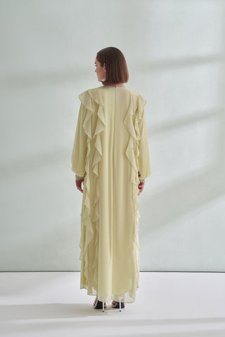 Kol ve Yaka Taş Detaylı Önü Boydan Fırfırlı Elbise - mimoza