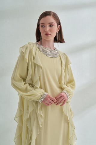 Kol ve Yaka Taş Detaylı Önü Boydan Fırfırlı Elbise - mimoza