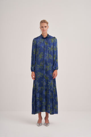 Yaka Fırfır Detaylı Boncuk İşleme Jakarlı Elbise - indigo