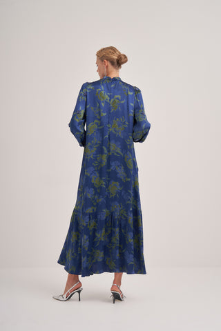 Yaka Fırfır Detaylı Boncuk İşleme Jakarlı Elbise - indigo