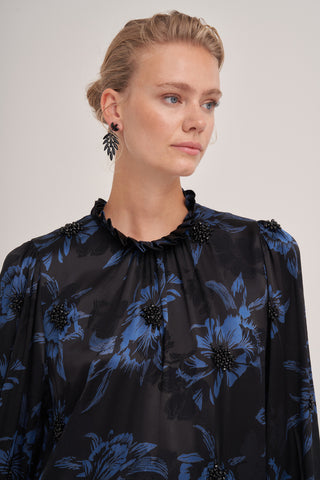 Yaka Fırfır Detaylı Boncuk İşleme Jakarlı Elbise - siyah