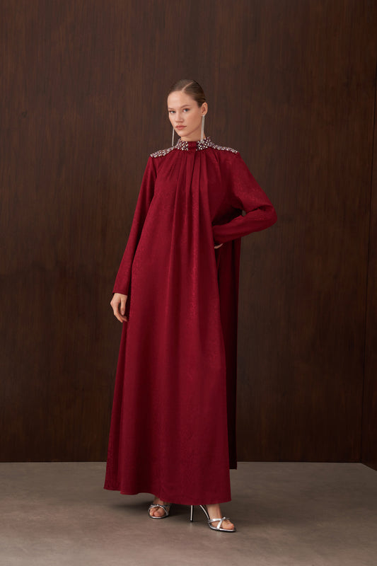 Jakar İpek Kumaş Hakim Yaka Elişi Detaylı Elbise - bordo