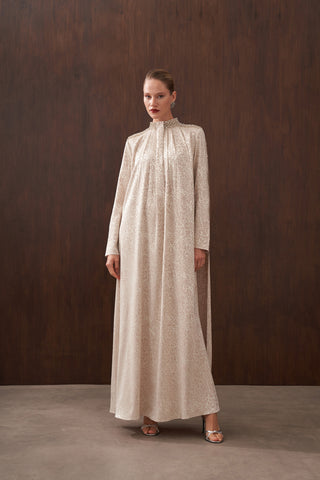 Jakar İpek Kumaş Hakim Yaka Elişi Detaylı Elbise - bej