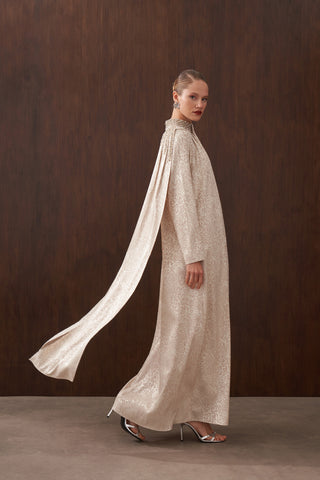 Jakar İpek Kumaş Hakim Yaka Elişi Detaylı Elbise - bej