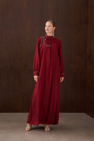 Jakar İpek Kumaş Omuzu Elişi Detaylı Elbise - bordo