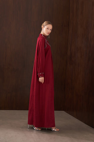 Jakar İpek Kumaş Omuzu Elişi Detaylı Elbise - bordo