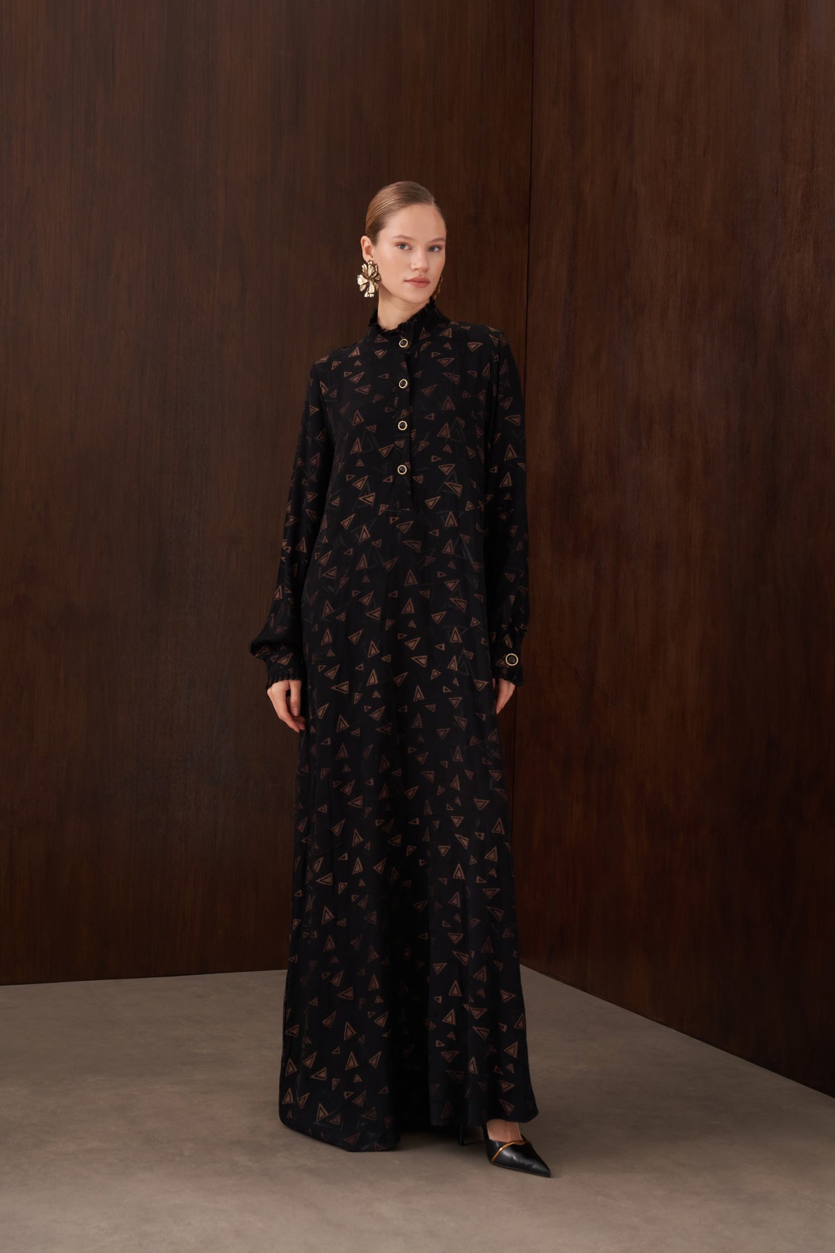 Düğme Detaylı İpek Jakar Elbise - siyah