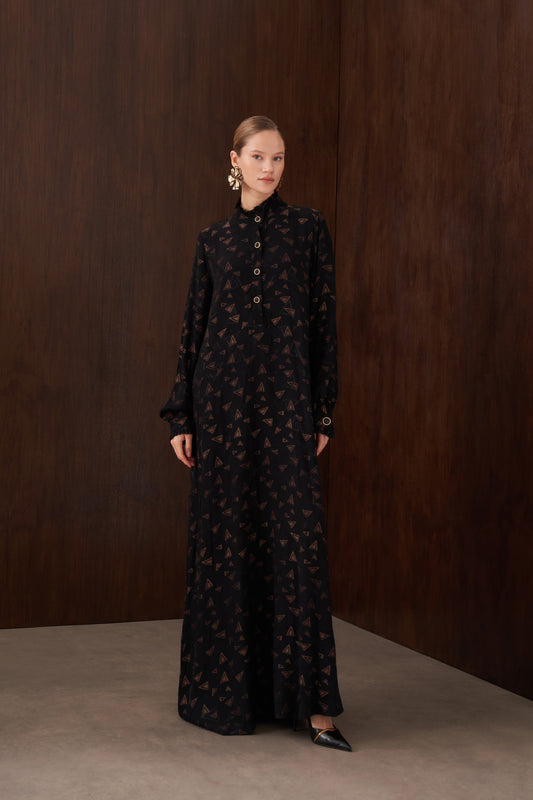 Düğme Detaylı İpek Jakar Elbise - siyah