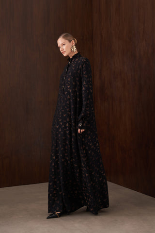 Düğme Detaylı İpek Jakar Elbise - siyah