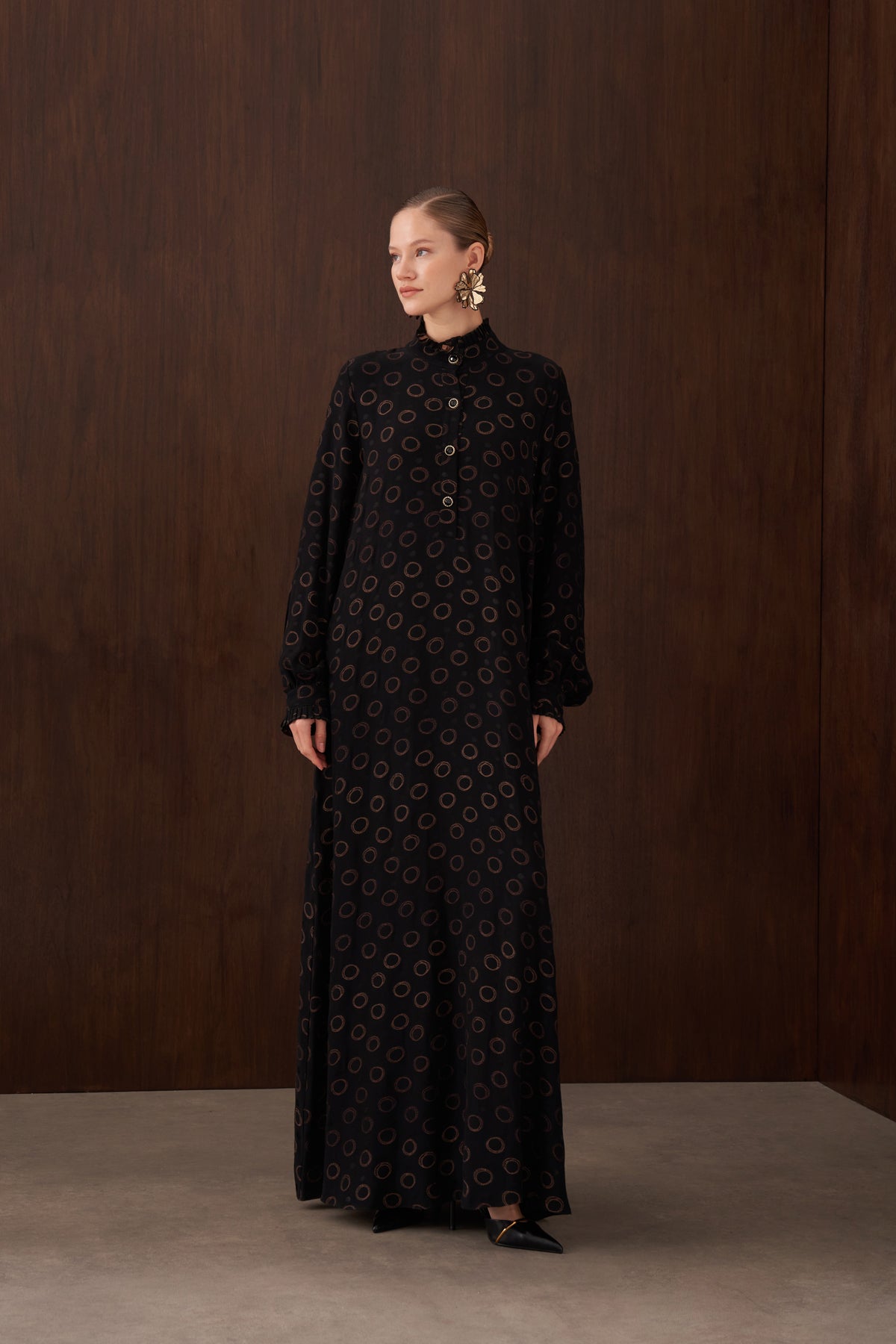 Düğme Detaylı İpek Jakar Elbise - siyah2