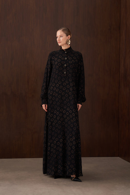 Düğme Detaylı İpek Jakar Elbise - siyah2
