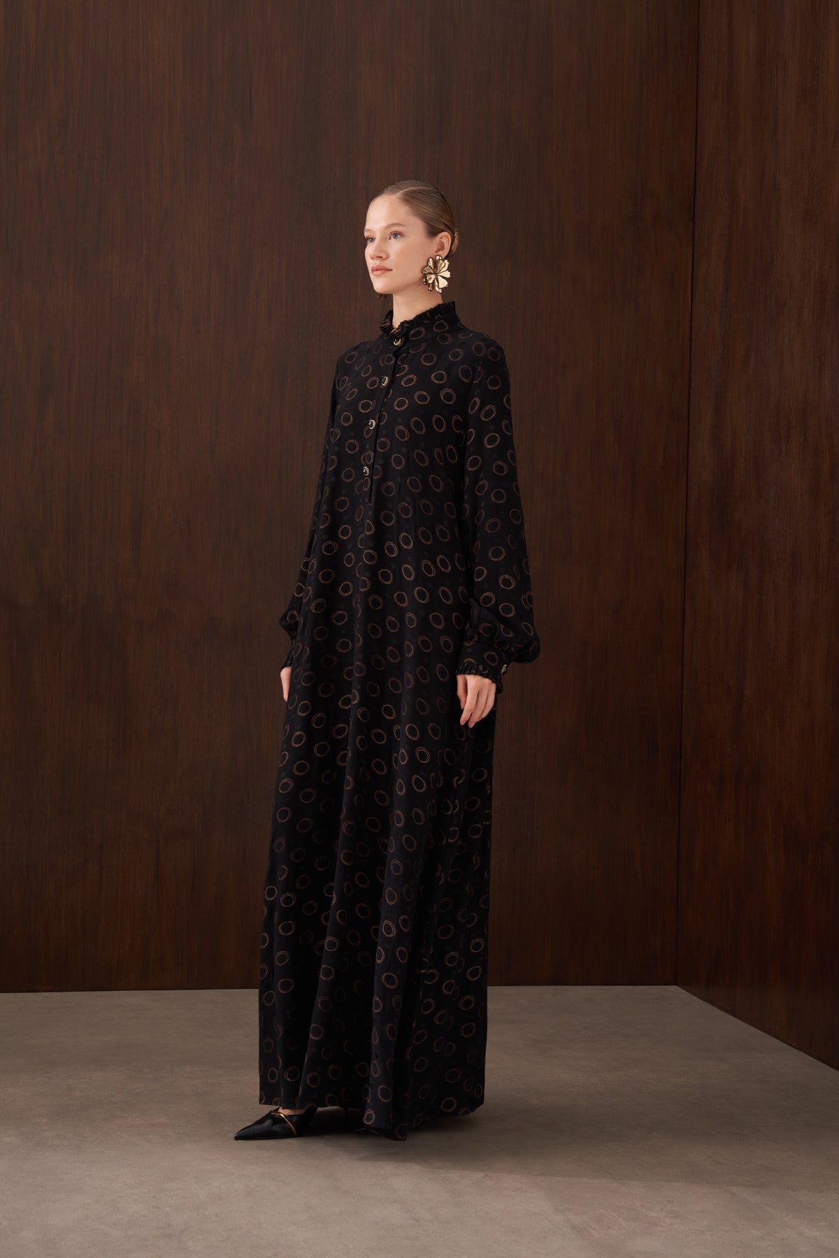 Düğme Detaylı İpek Jakar Elbise - siyah2