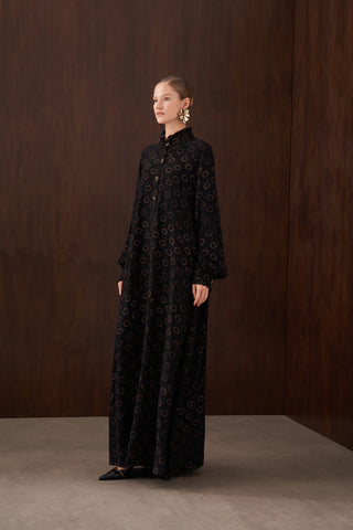 Düğme Detaylı İpek Jakar Elbise - siyah2
