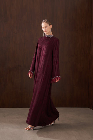 Taş ve Tüy Detaylı Jakarlı Elbise - bordo