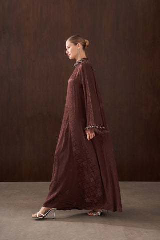 Taş ve Tüy Detaylı Jakarlı Elbise - kahve