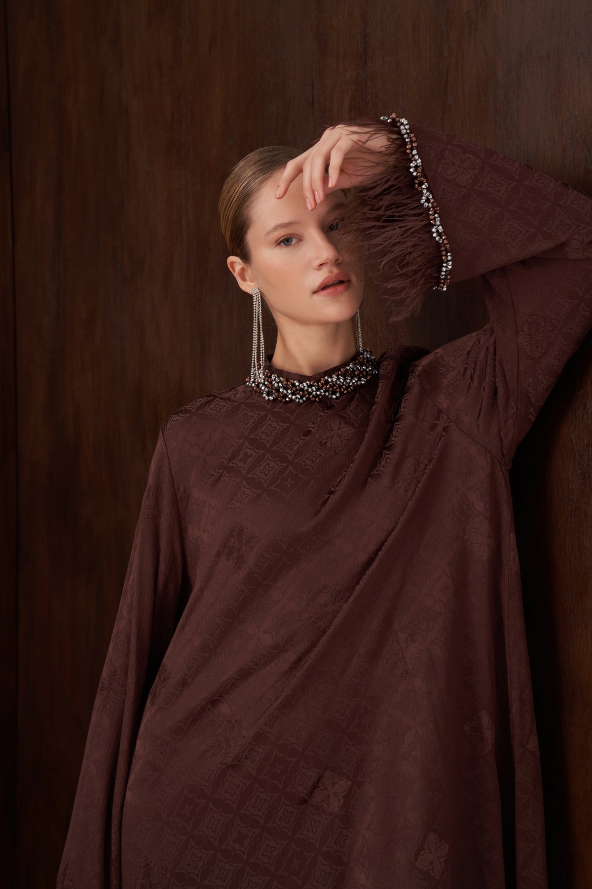 Taş ve Tüy Detaylı Jakarlı Elbise - kahve