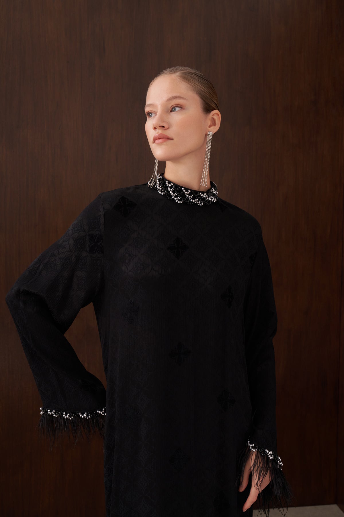 Taş ve Tüy Detaylı Jakarlı Elbise - siyah