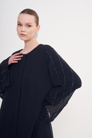 Kol Boncuk İşleme Detaylı Şifonlu Ferace - Lacivert