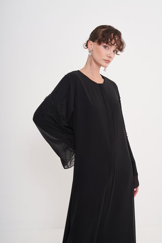 Kol Boncuk İşleme Detaylı Şifonlu Ferace - Siyah