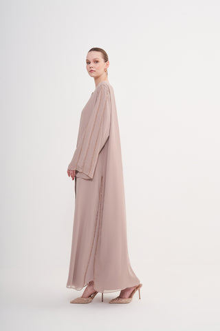 Kol Boncuk İşleme Detaylı Şifonlu Ferace - Bej