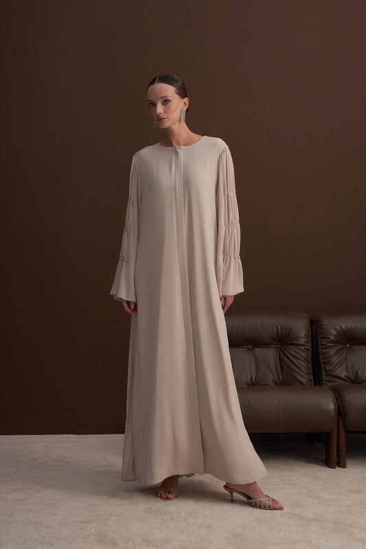 Kollar Boncuk İşleme Detaylı Şifon Ferace - Bej