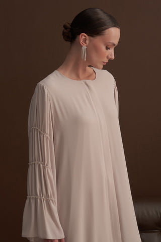 Kollar Boncuk İşleme Detaylı Şifon Ferace - Bej