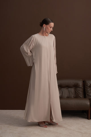 Kollar Boncuk İşleme Detaylı Şifon Ferace - Bej