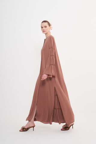 Kollar Boncuk İşleme Detaylı Şifon Ferace - Taba