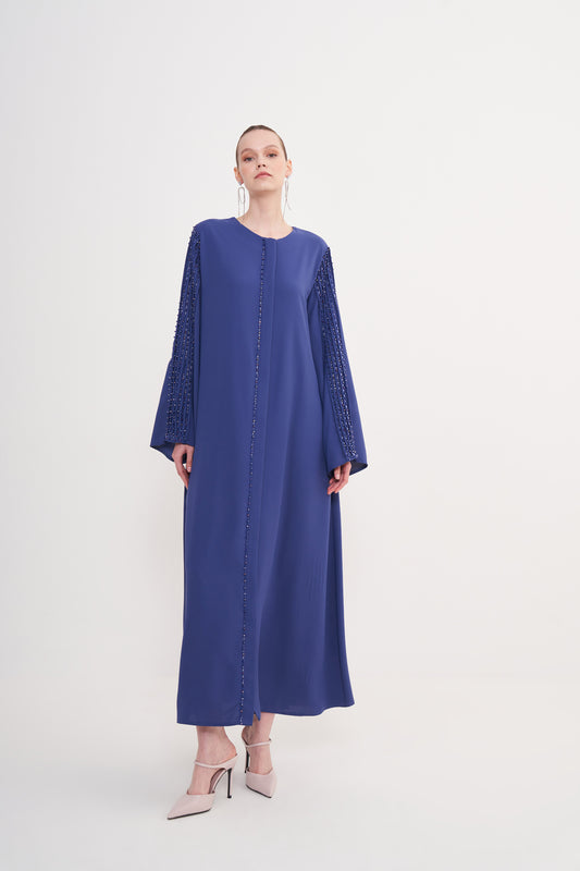 Kol ve Ön Patı El İşi Boncuk İşleme Detaylı Ferace - İndigo