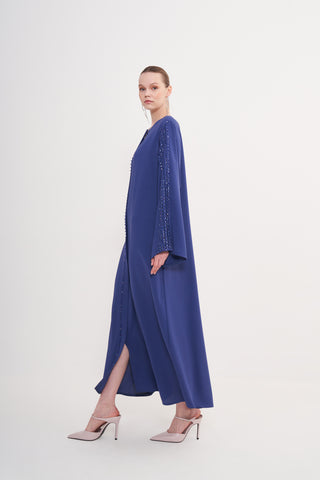 Kol ve Ön Patı El İşi Boncuk İşleme Detaylı Ferace - İndigo