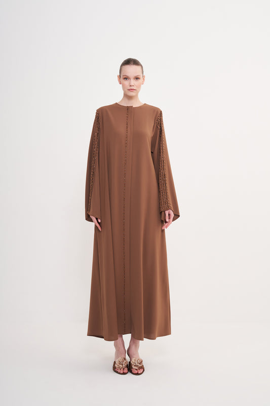Kol ve Ön Patı El İşi Boncuk İşleme Detaylı Ferace - kahve