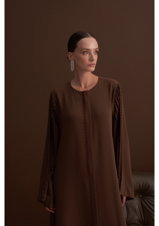 Kol ve Ön Patı El İşi Boncuk İşleme Detaylı Ferace - Kahve