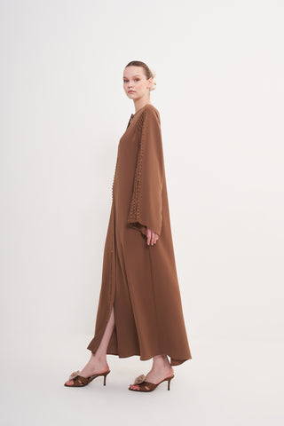 Kol ve Ön Patı El İşi Boncuk İşleme Detaylı Ferace - kahve