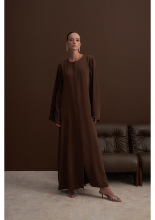 Kol ve Ön Patı El İşi Boncuk İşleme Detaylı Ferace - Kahve