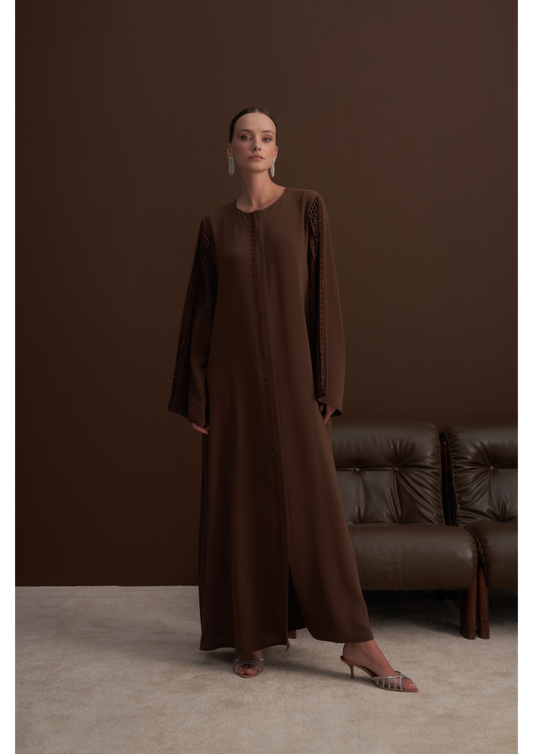 Kol ve Ön Patı El İşi Boncuk İşleme Detaylı Ferace - Kahve