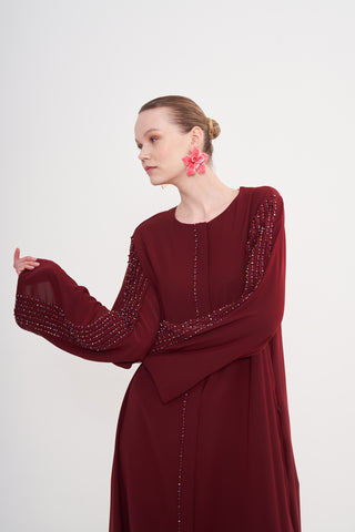 Kol ve Ön Patı El İşi Boncuk İşleme Detaylı Ferace - bordo